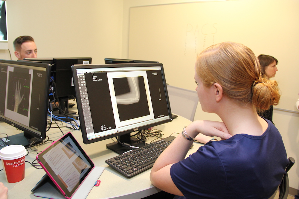 A female radiologic technology student views an x-ray displayed on a computer monitor
